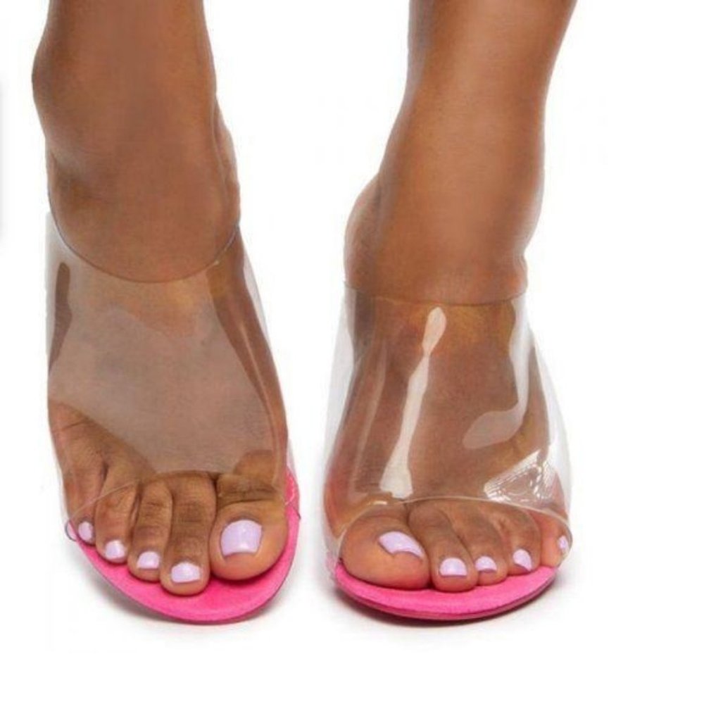 Clear Peep Toe Wedges in Fuchsia - Picture 2 of 9